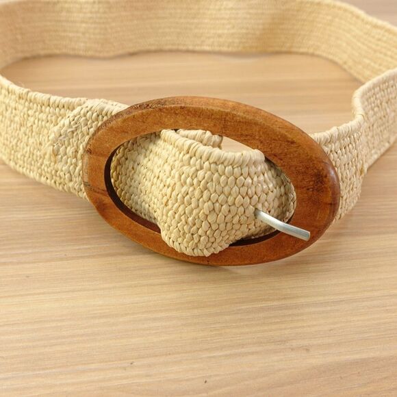 Straw Belt Womens XS Beige Rattan Woven Bohemian Beach Summer Chunky Wood Buckle - Picture 1 of 8
